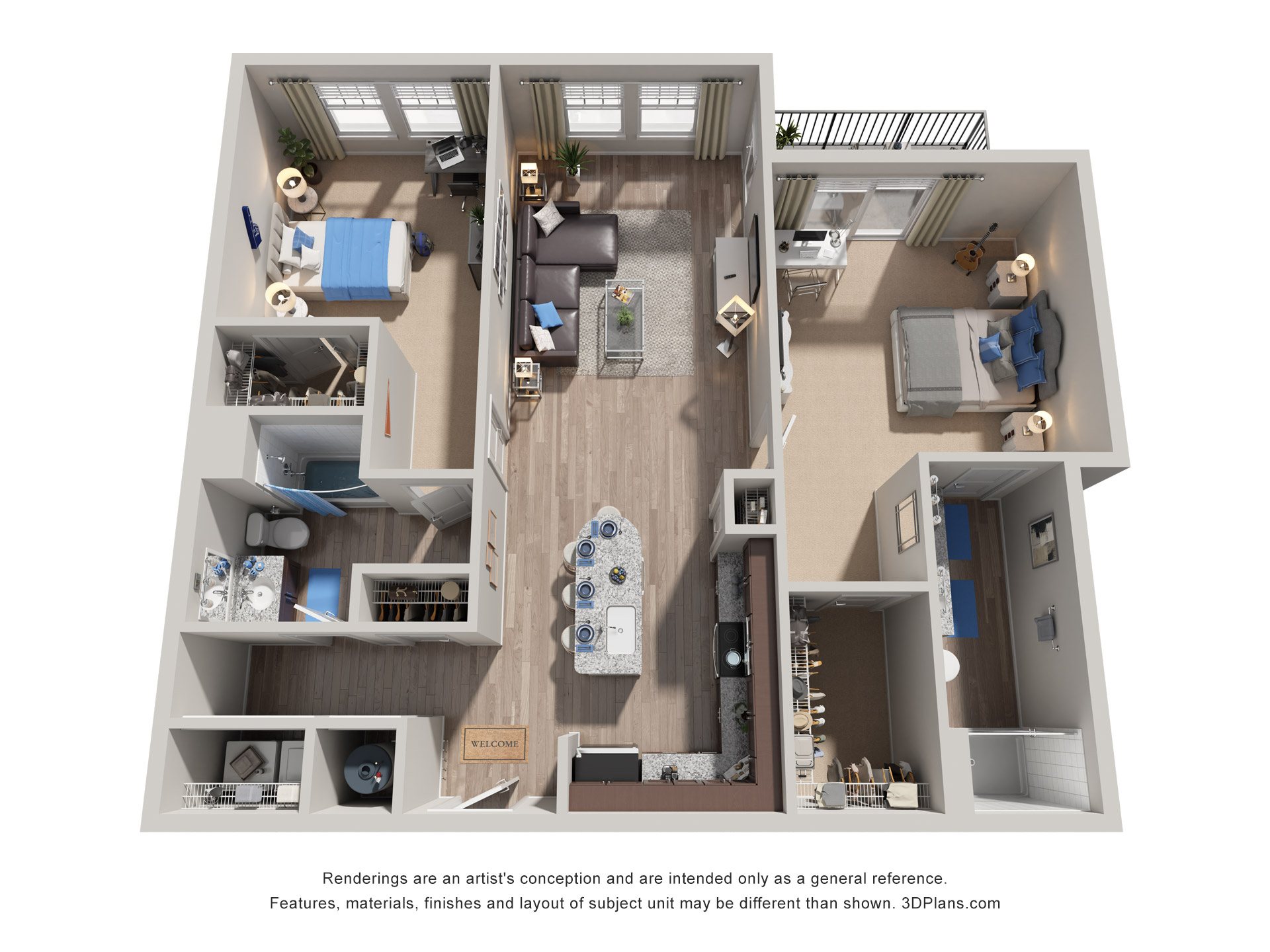 Floor plan for 2 beds, 2 baths, 1183 sqft